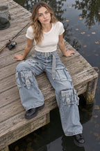 Multi Pocket Strap Wide Leg Cargo Jeans