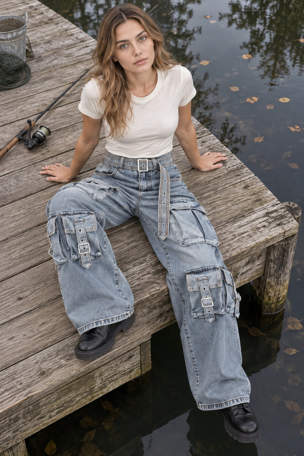 Multi Pocket Strap Wide Leg Cargo Jeans