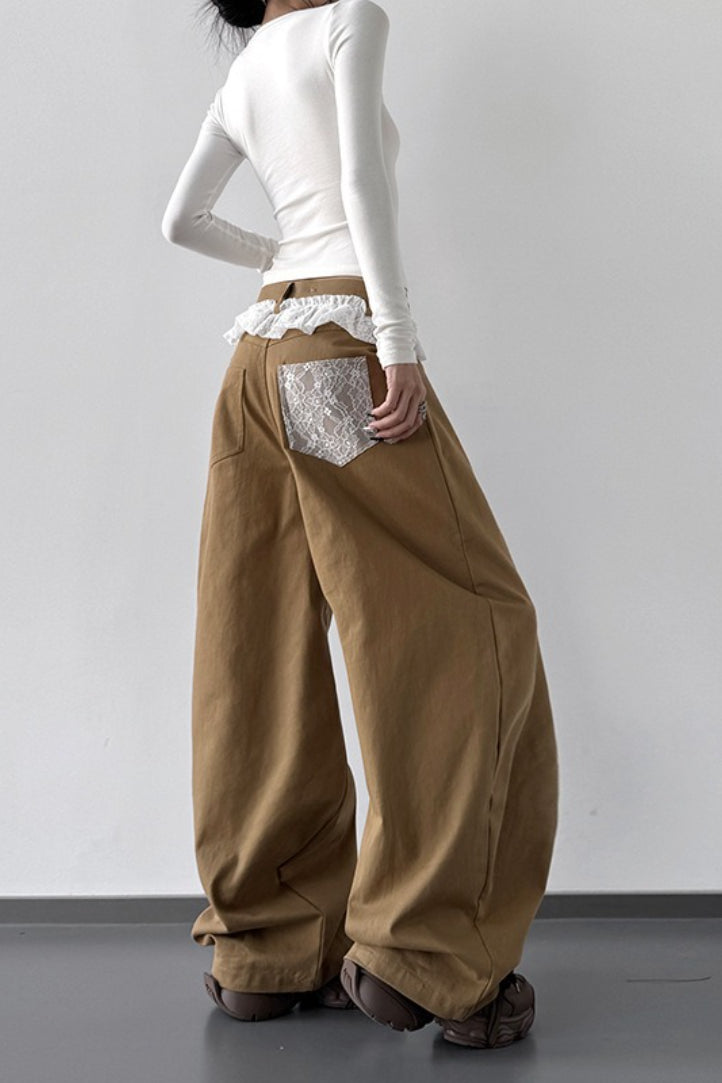 High Waist Lace Paneled Straight Wide Leg Floor Length Jeans Secondary image