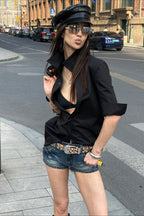 Oversized Short Sleeve Longline Button Front Blouse