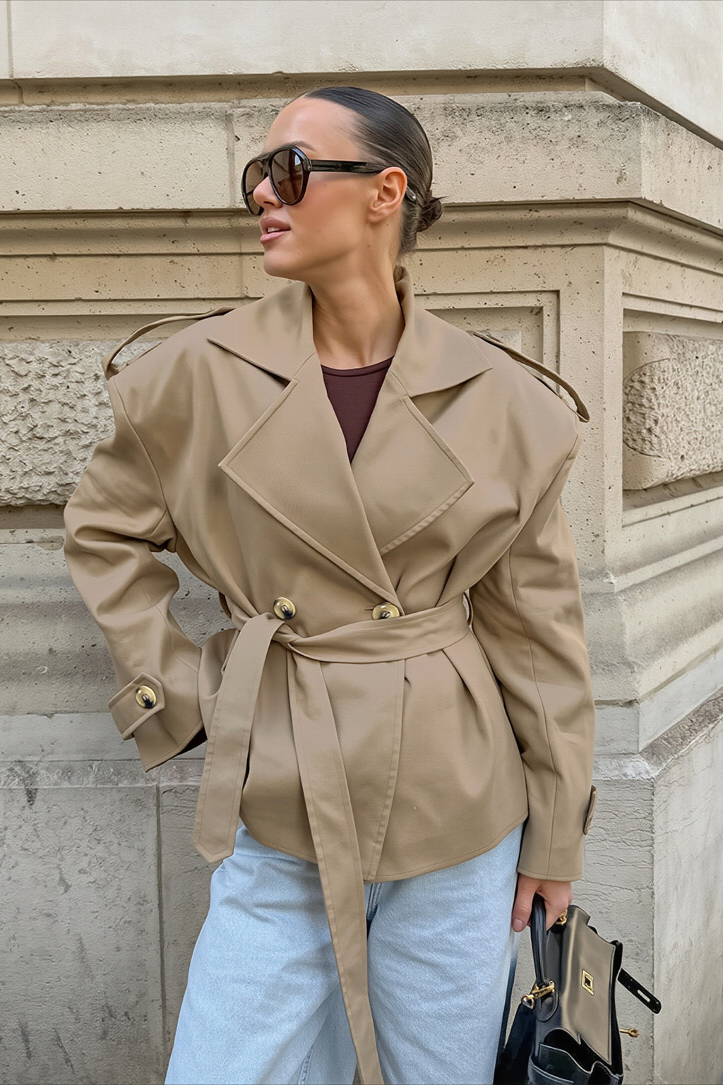 Khaki Double Breasted Belted Cropped Trench Coat