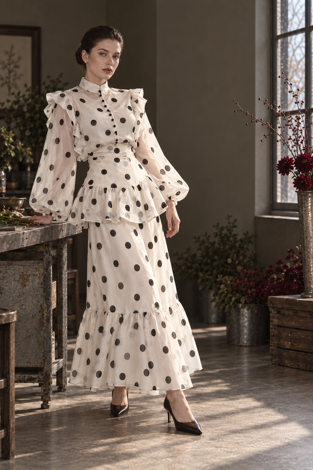 Sheer Polka Dot Long Sleeve Maxi Dress