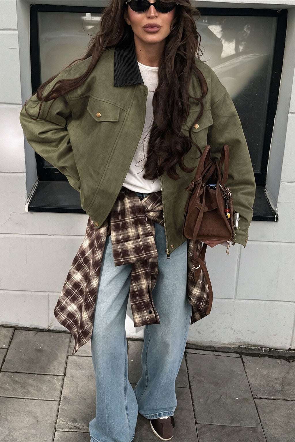Contrast Collar Chest Pocket Zip Front Coat