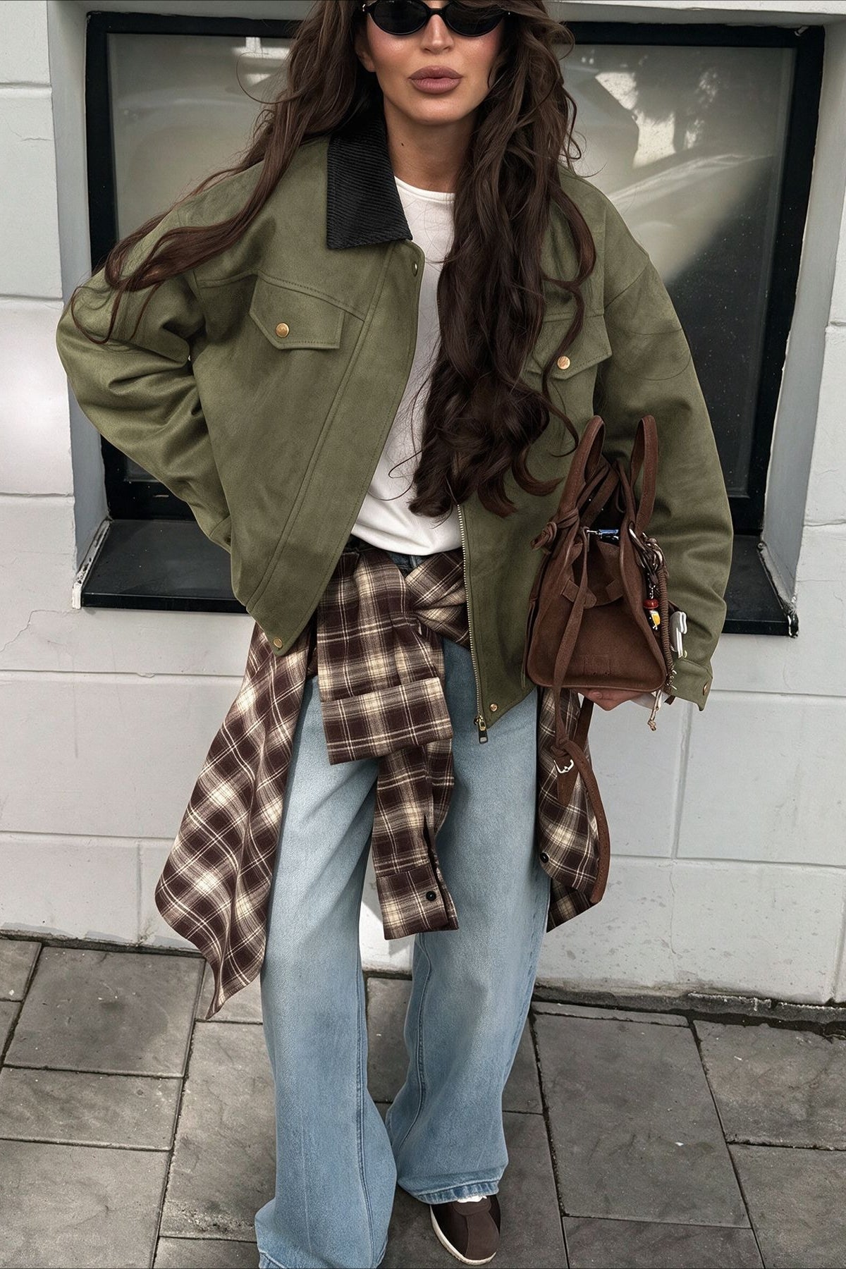 Contrast Collar Chest Pocket Zip Front Coat