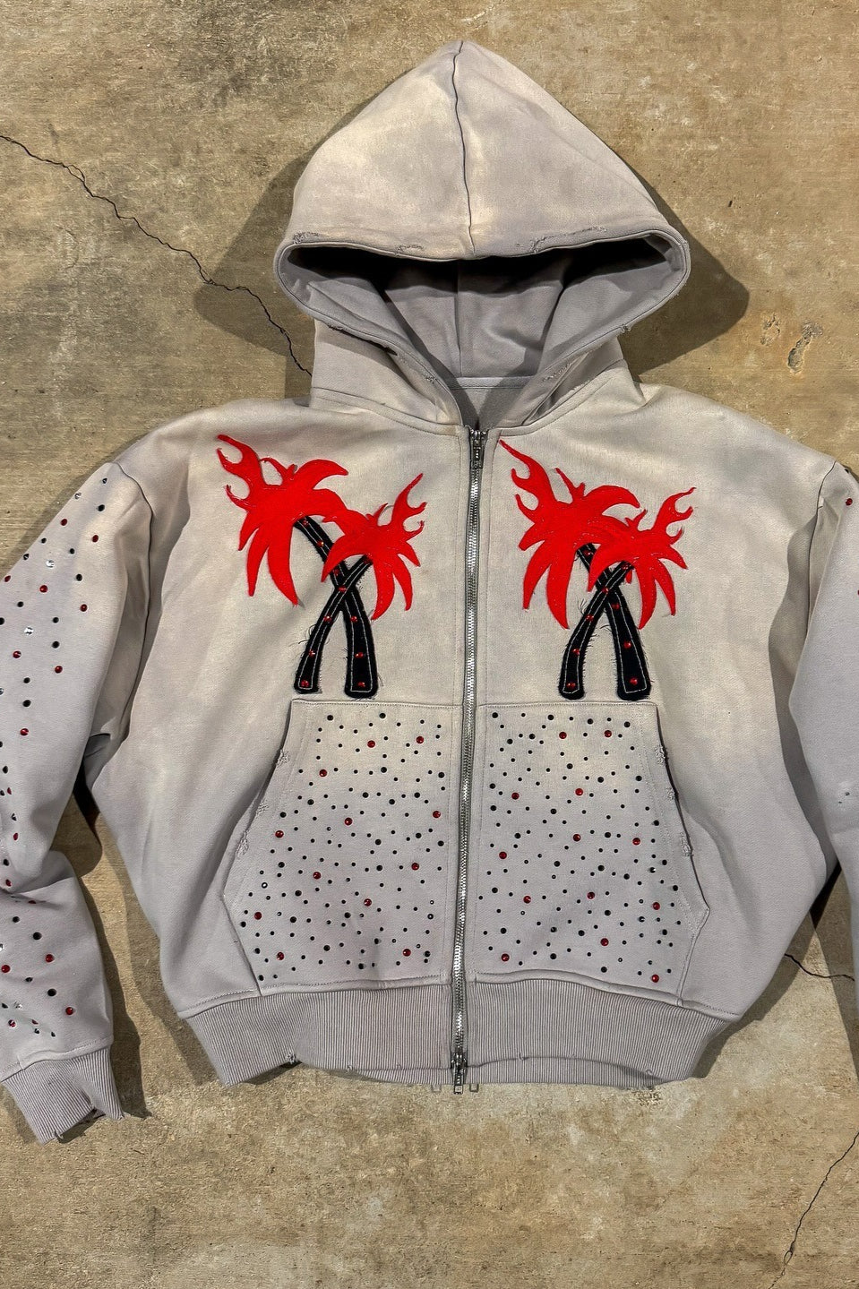 Flame Graphic Rhinestone Full Zip Hoodie