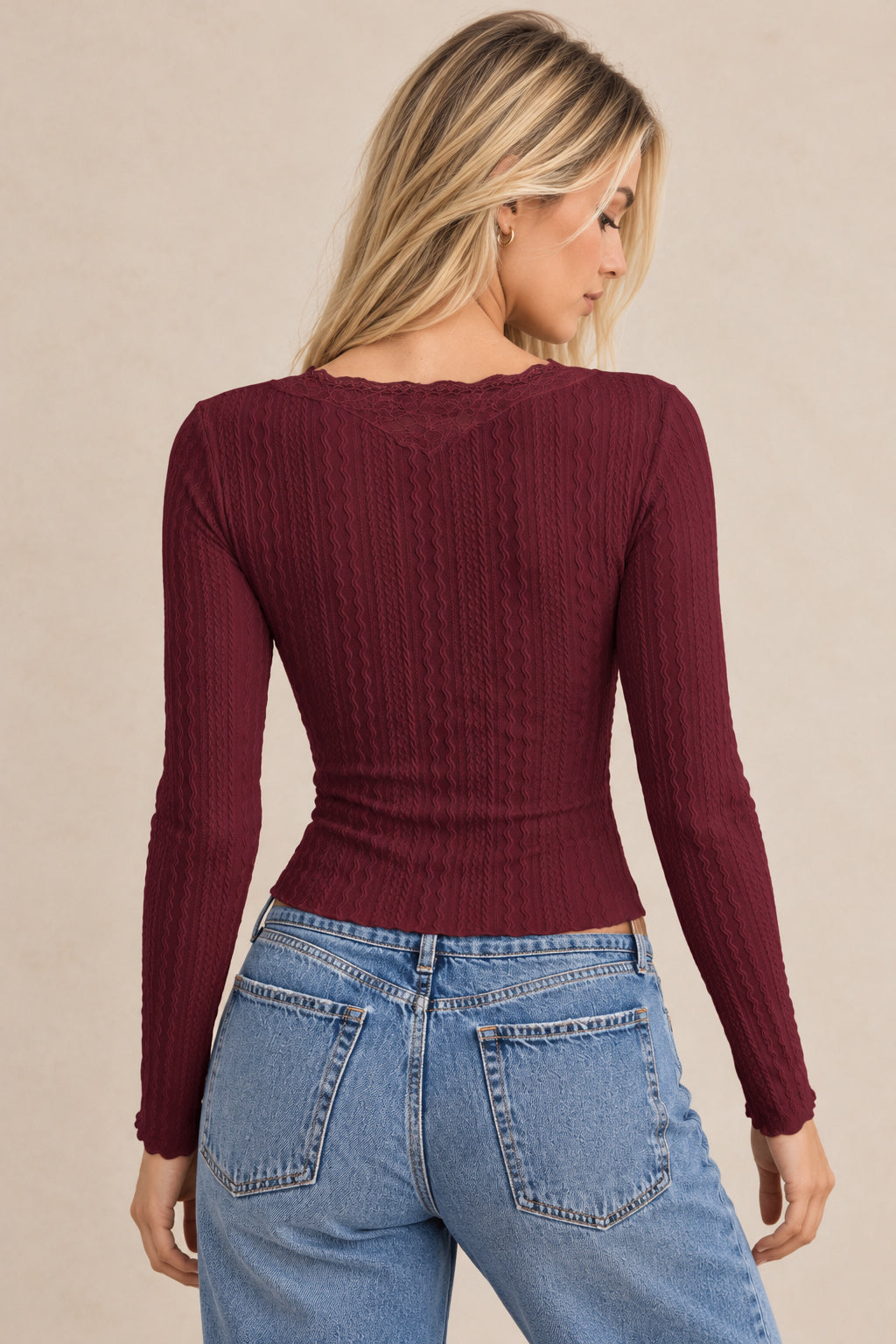 Lace V Neck Ribbed Button Long Sleeved T-shirts
