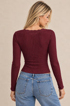 Lace V Neck Ribbed Button Long Sleeved T-shirts