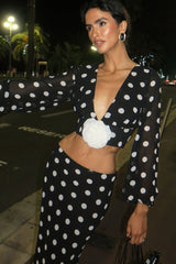 Polka Dot V-Neck Crop Skirt Two Pieces Set