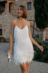 Fringed Sequin Feather Panel Chic Cocktail Dress