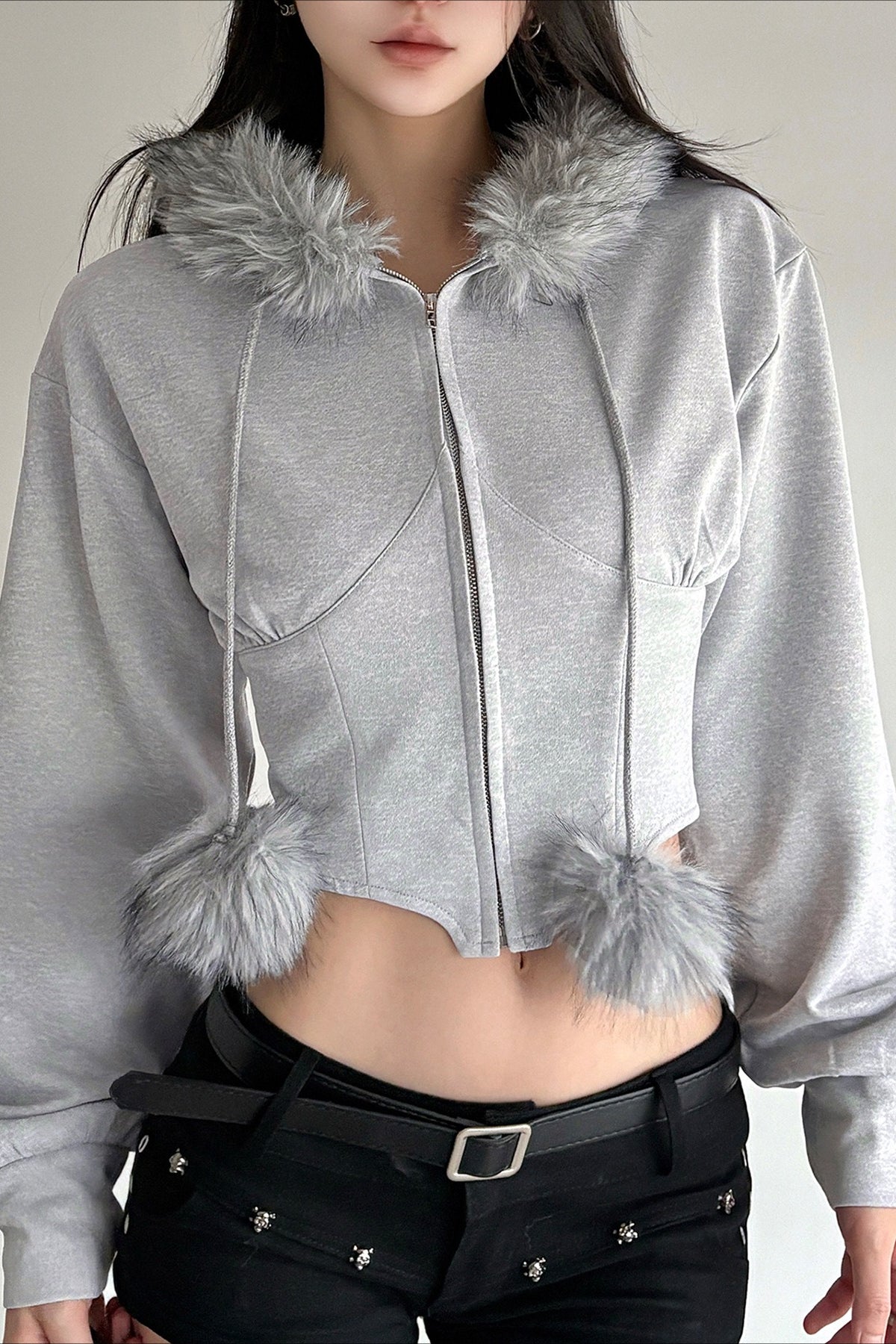 Faux Fur Trim Cropped Gray Zip Hoodie