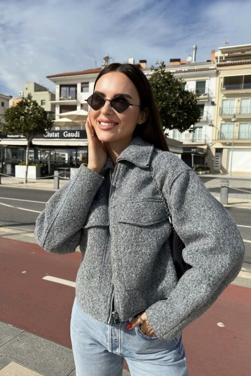 Cropped Boucle Zip Front Jacket