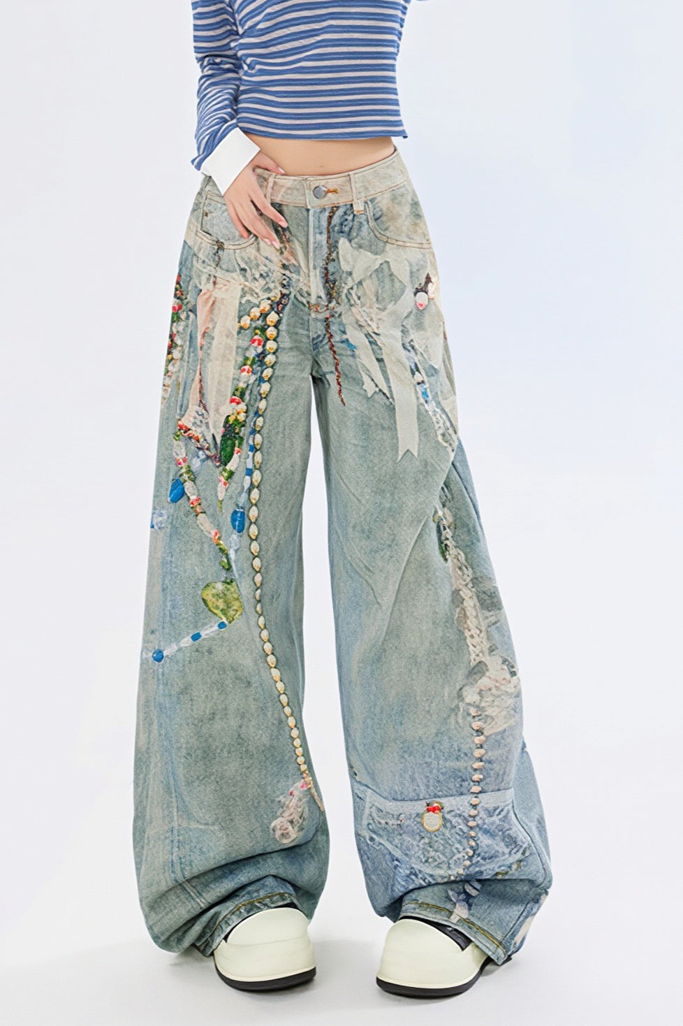 Chain Detail Splatter Print Wide Leg Jeans