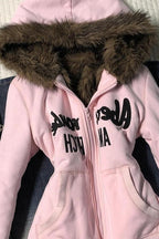 Letter Print Fur Trim Fitted Hoodie
