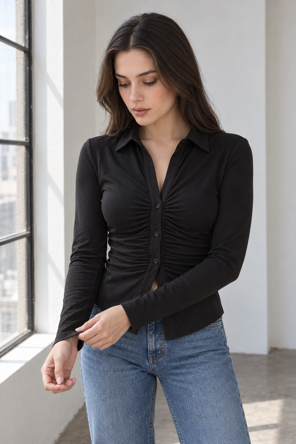 Ruched Front Stretch Fitted Long Sleeve Blouse