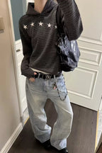Retro Star Stripe Loose Fit Pullover Hoodie