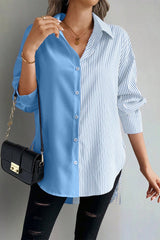 Striped Plus Size Asymmetric Panel Side Tie Button Blouse