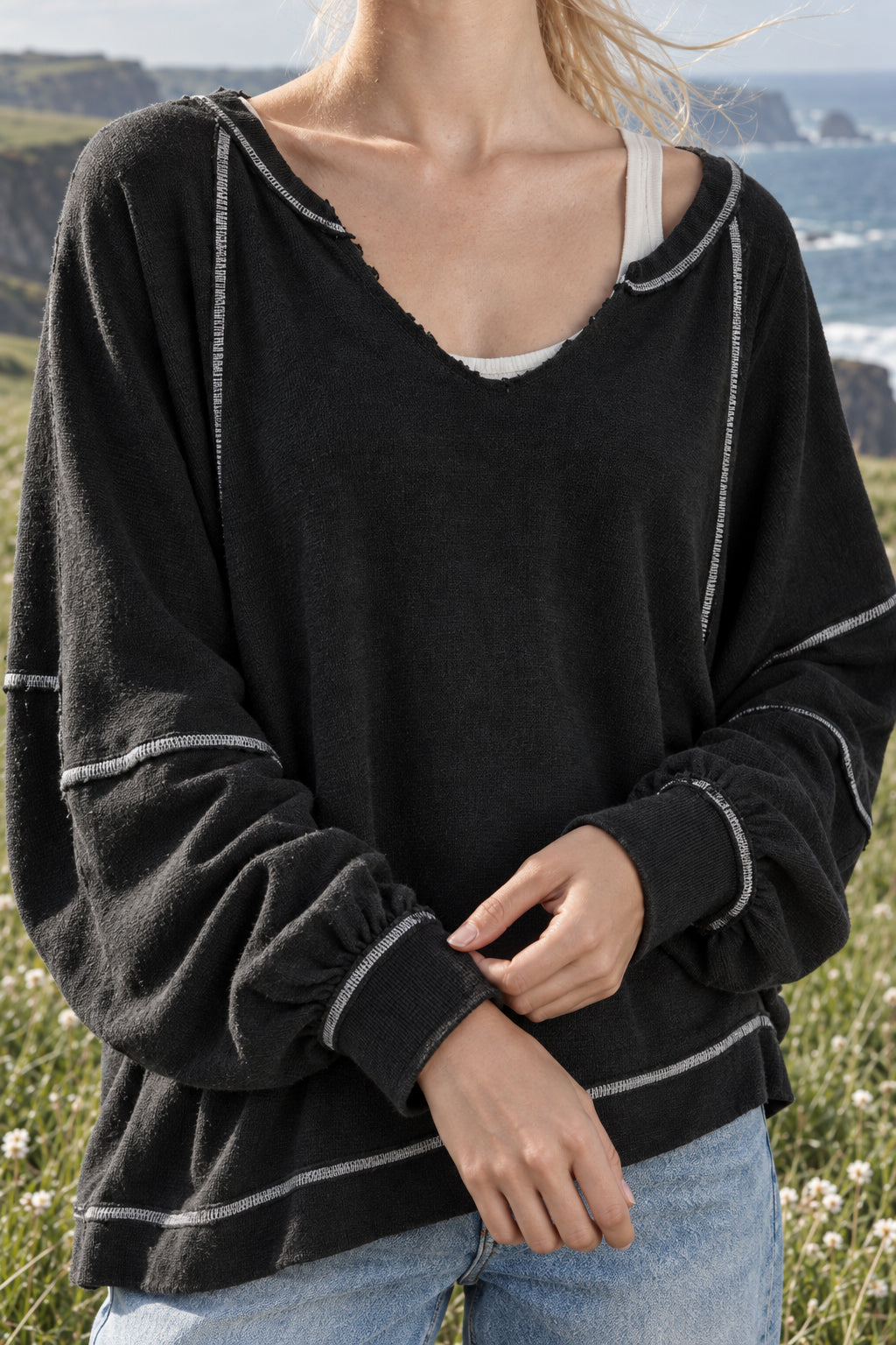 Contrast Stitch V Neck Sweatshirt