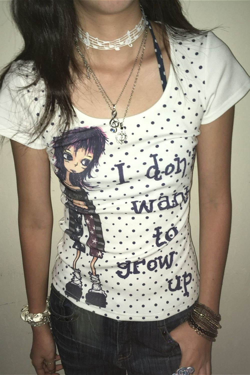 Y2K Polka Dot Graphic Print Fitted T-Shirt