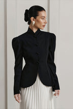 Puff Shoulder Stand Collar Button Front Tailored Coat