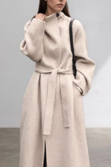 Hepburn Wool Diagonal Button Collar Tied Waist Overcoat