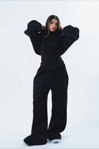 Corset Waist Zip Front Wide Leg Hoodie Two Piece Set