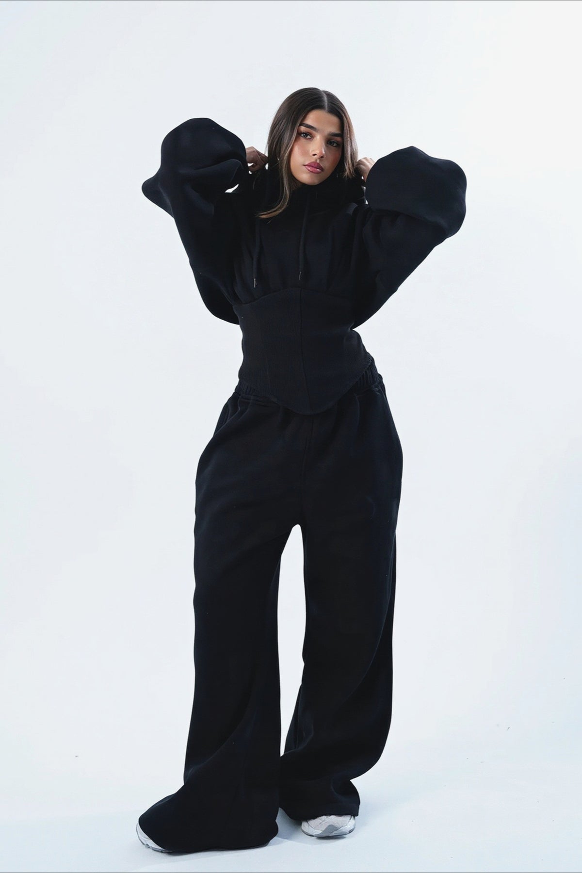 Corset Waist Zip Front Wide Leg Hoodie Two Piece Set
