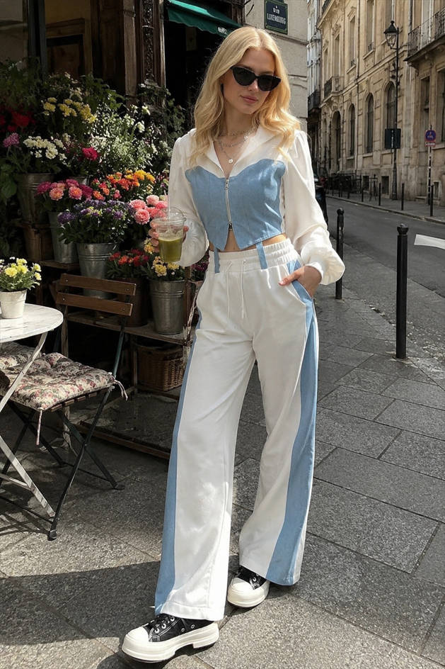 Color Block Casual Hoodie Denim Two Piece Pants Set Main image