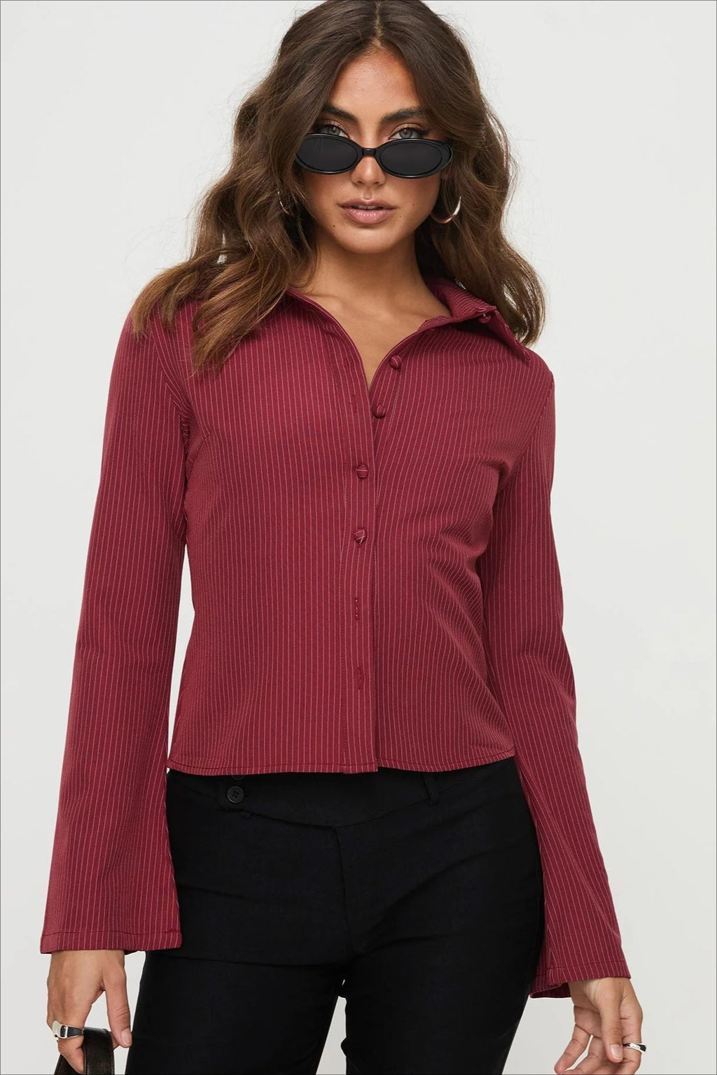 Pinstripe Flared Sleeve Fitted Button Front Blouse