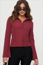Pinstripe Flared Sleeve Fitted Button Front Blouse