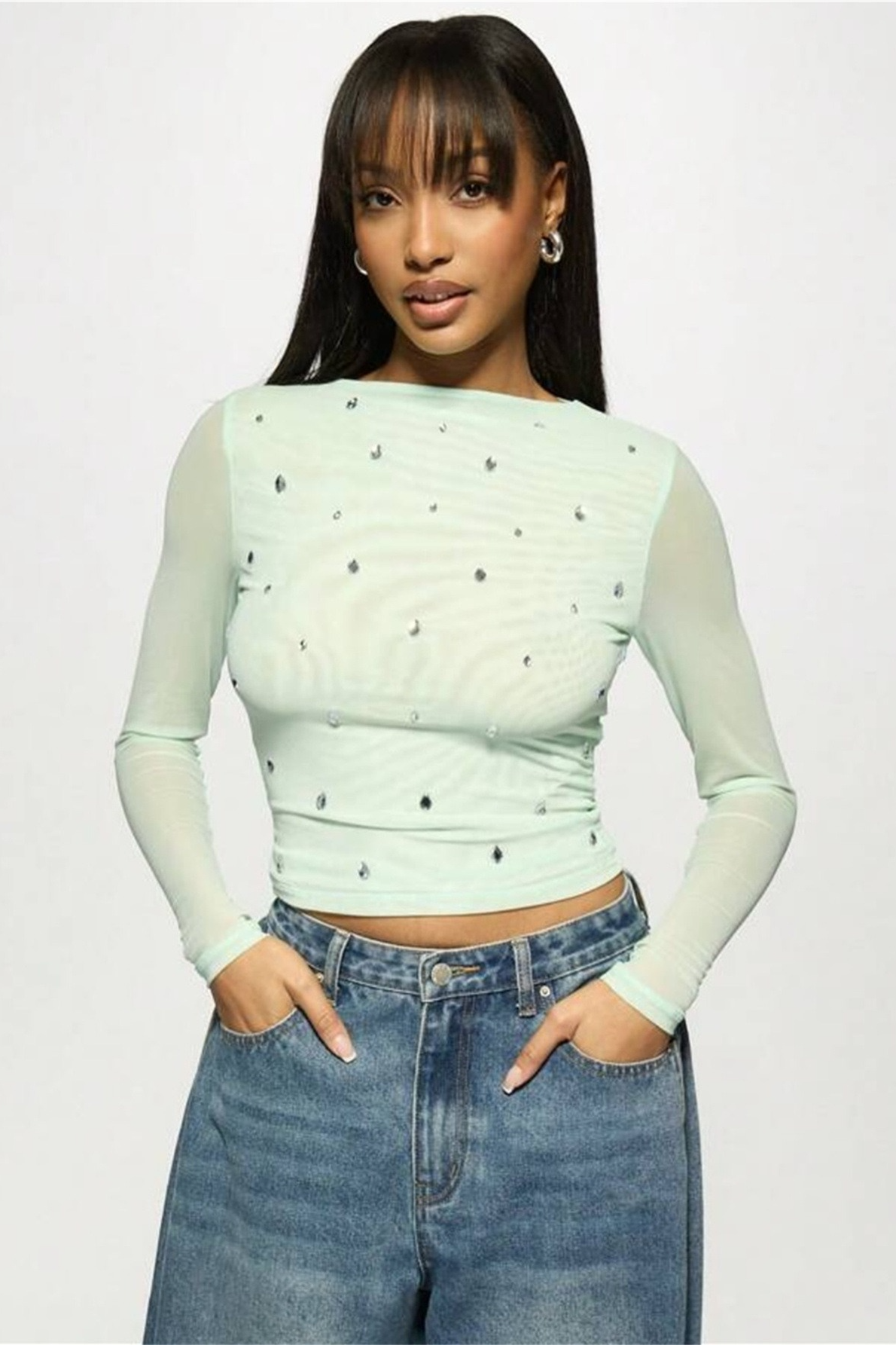 Printed Slim Mesh Sheer Cutout Long Sleeve Crop Top Main image