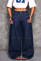 Raw Hem Multi Pocket Cargo Wide Leg Jeans
