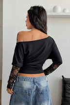 One Shoulder Lace Panel Ruched T-shirts