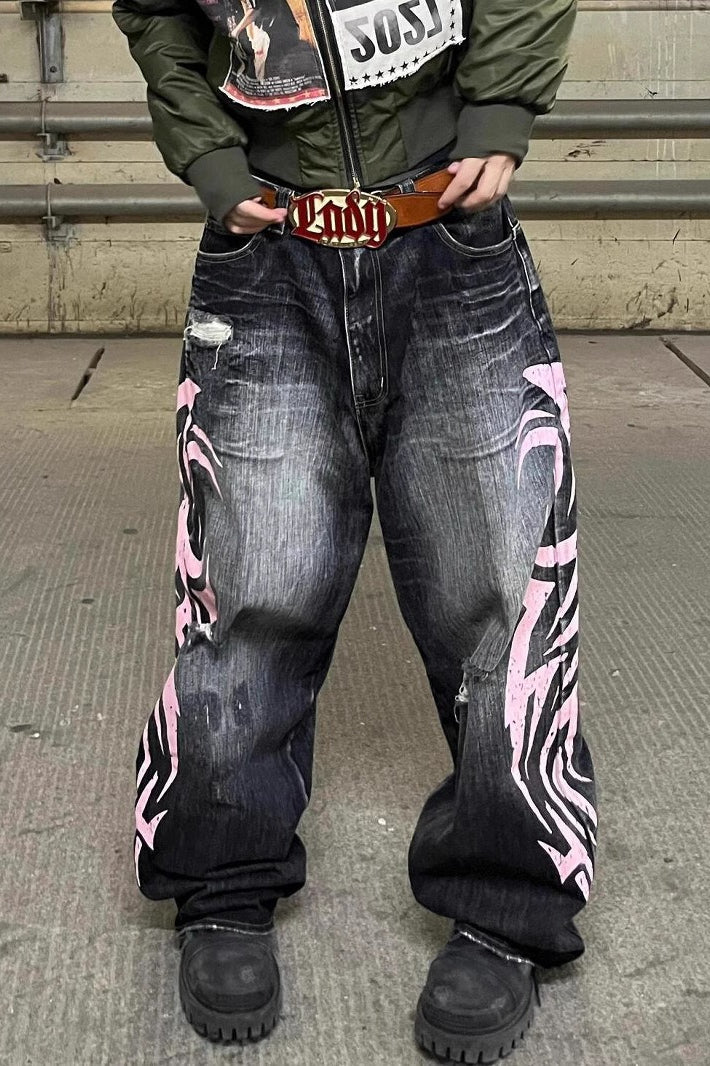 Vintage Printed Washed Distressed Wide Leg Denim Jeans Secondary image