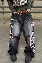 Vintage Printed Washed Distressed Wide Leg Denim Jeans