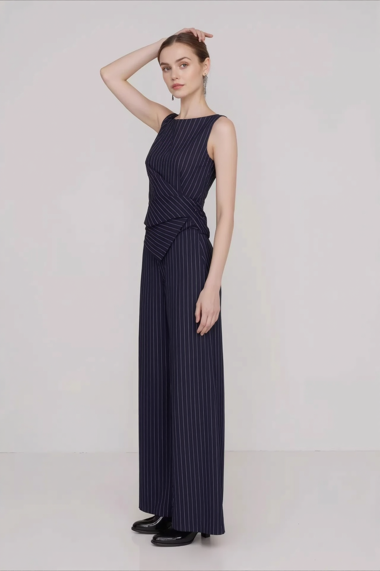 Stripe Asymmetric Sleeveless Top Straight Work Set Secondary image