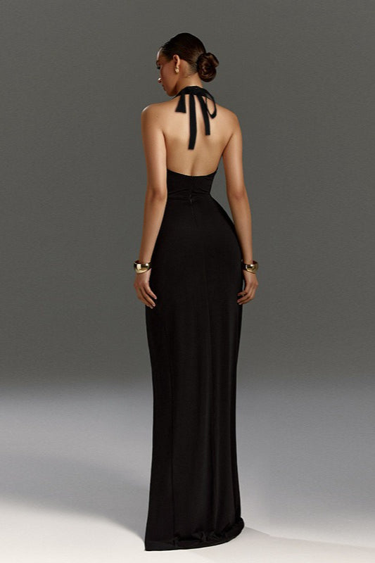 Halter Backless Tie High-Slit Ruched  Formal Dress