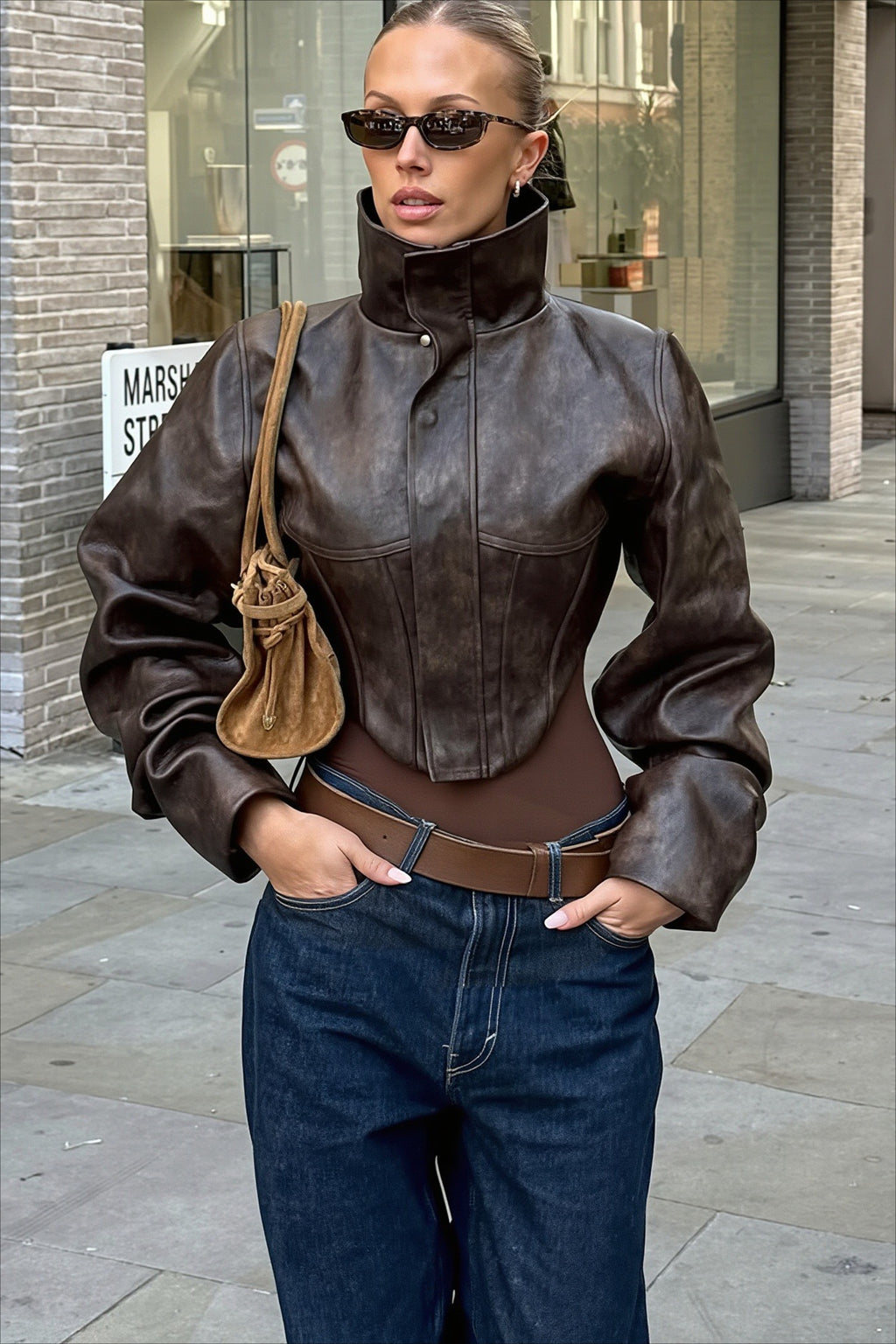 Corset Seamed High Collar Faux Leather Coat