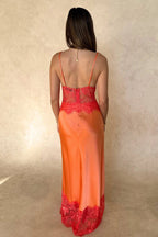 Deep V-Neck Sheer Backless Lace Panel Maxi Dress