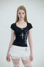 Cross Print Lace Trim Layered T-Shirt