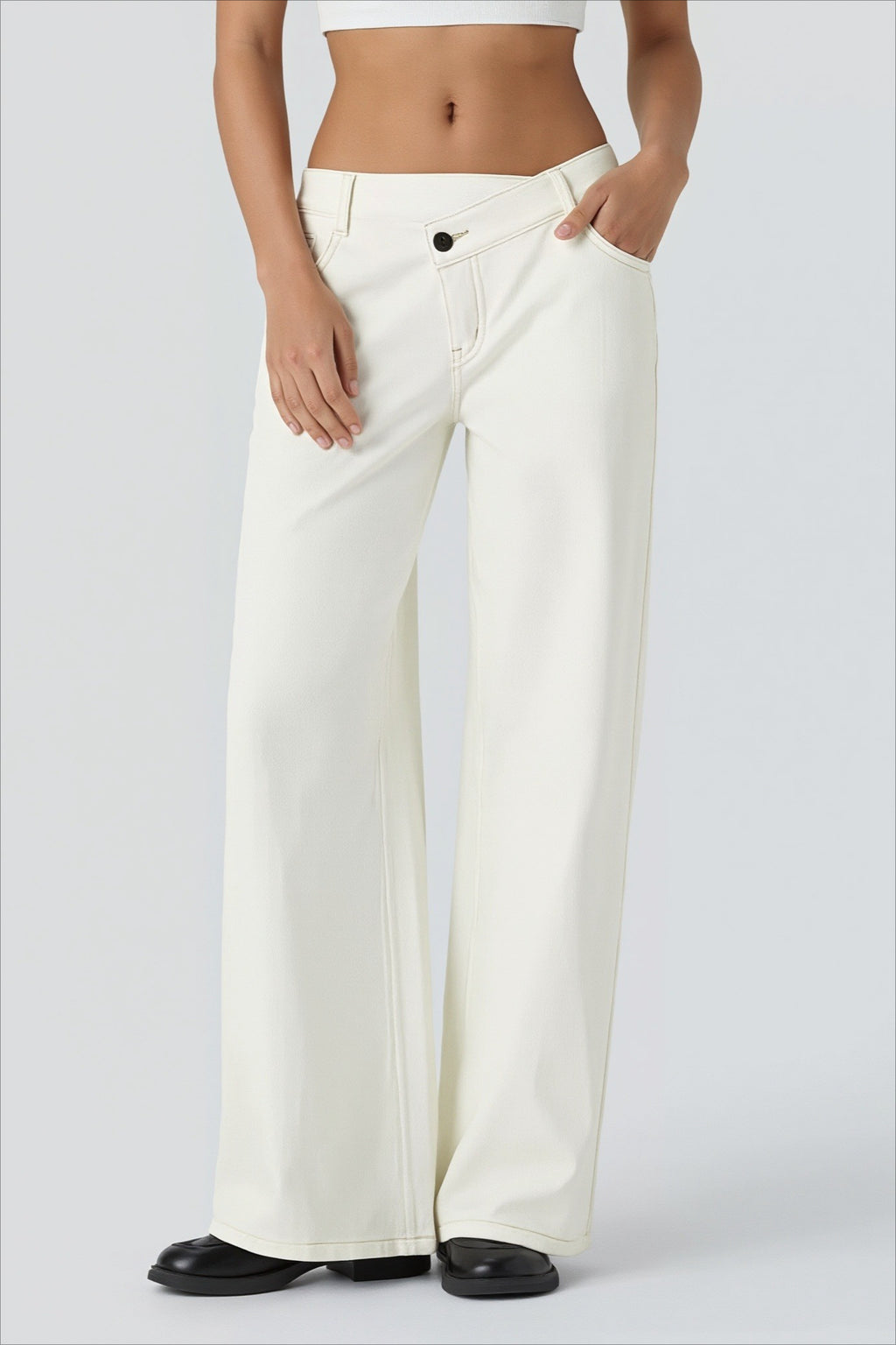 Asymmetric Button Low Rise Wide Leg Jeans