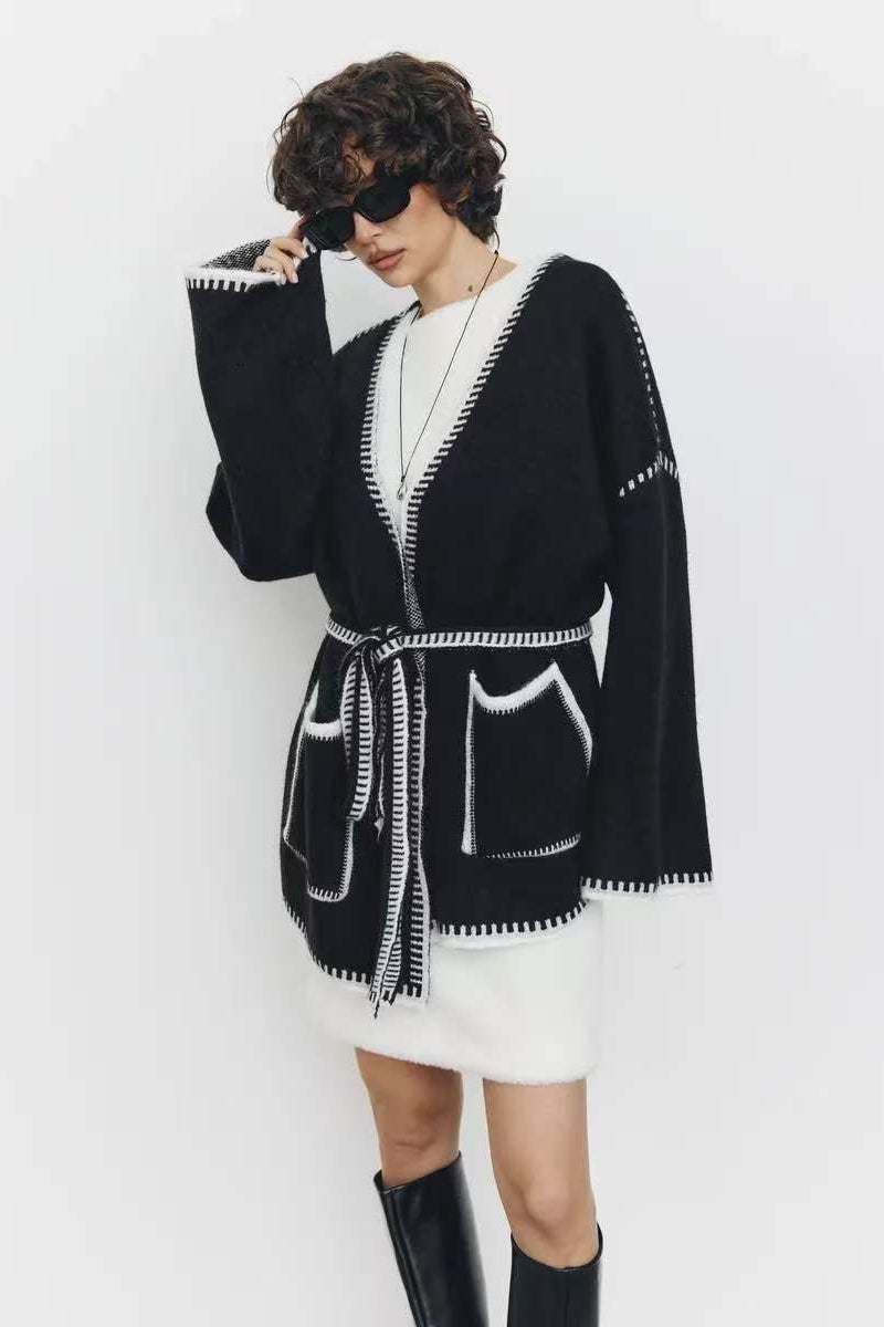 Tie Front Color Block Cardigan Secondary image