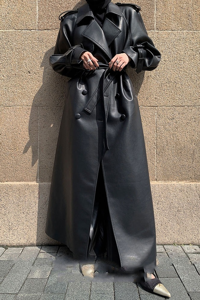 Layered PU Leather Waist-Cinching Long Overcoat Secondary image