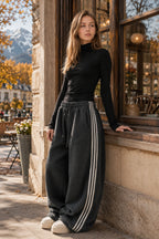 Sporty Plush Wide-Leg Striped Pants