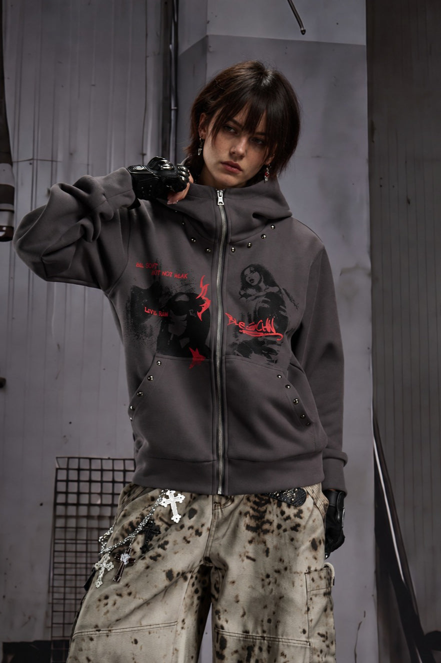 Gothic Graphic Washed Zip Up Hoodie