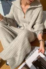 Half Zip Polo Sweater Wide Pants Knit Set