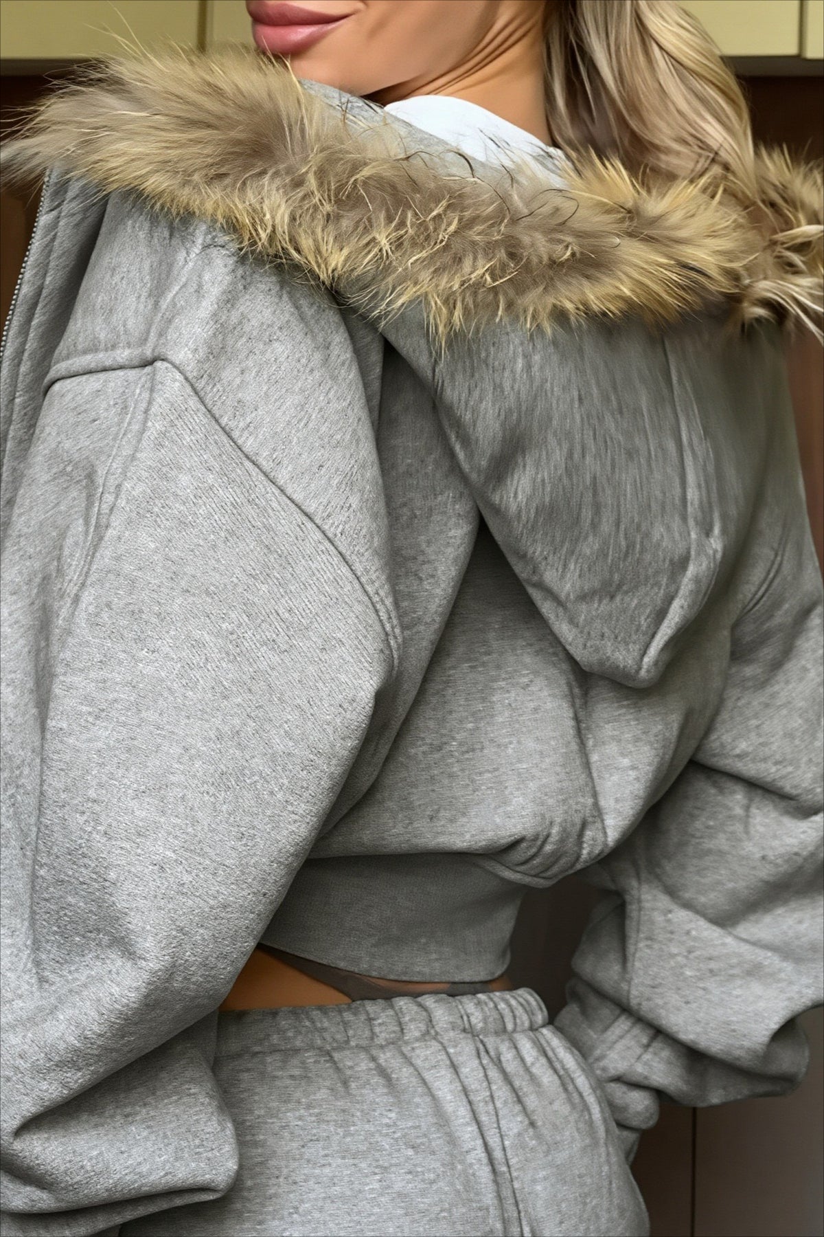 Fur Trim Cropped Solid Full Zip Hoodie