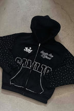 Rhinestone Text Graphic Full Zip Hoodie