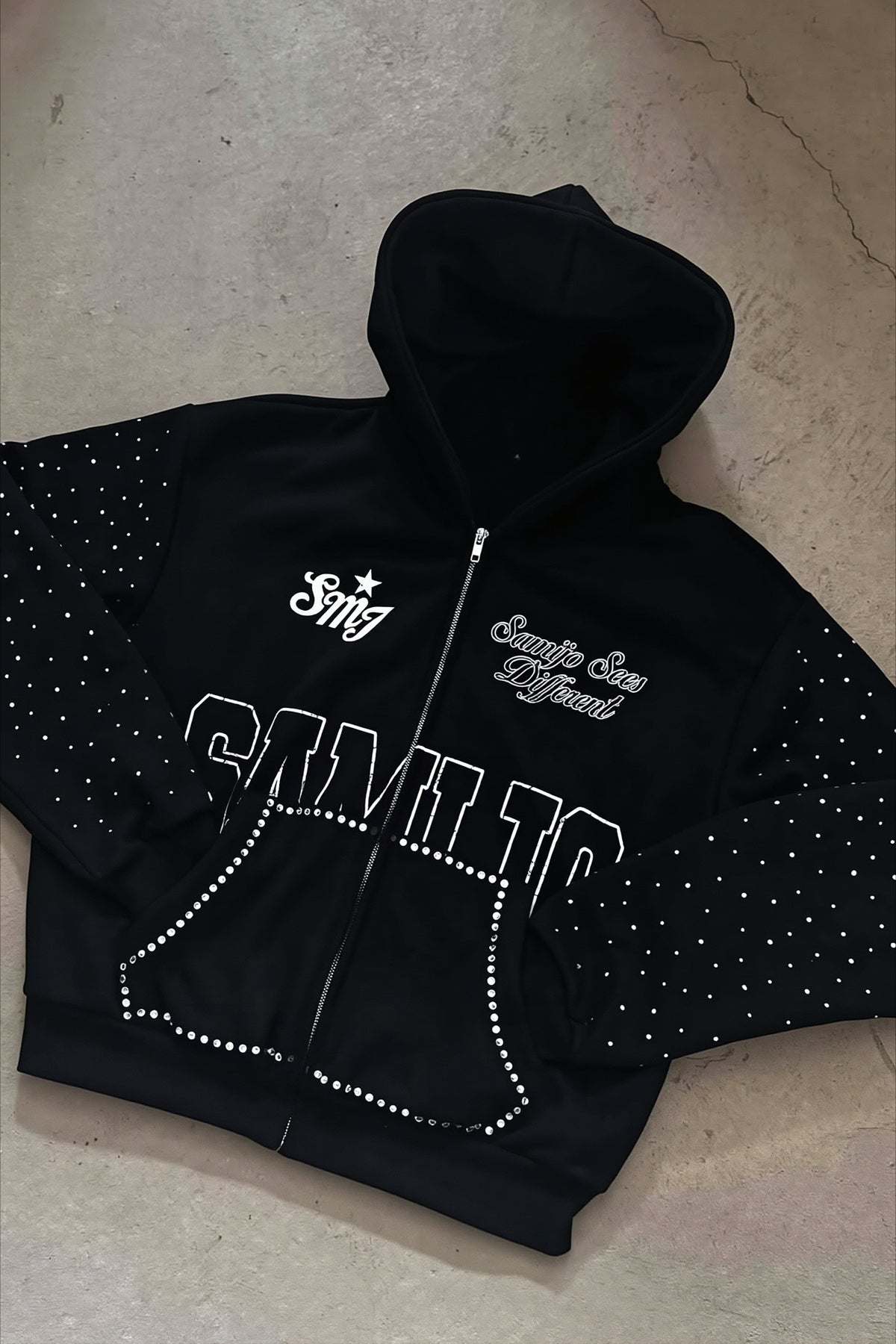 Rhinestone Text Graphic Full Zip Hoodie