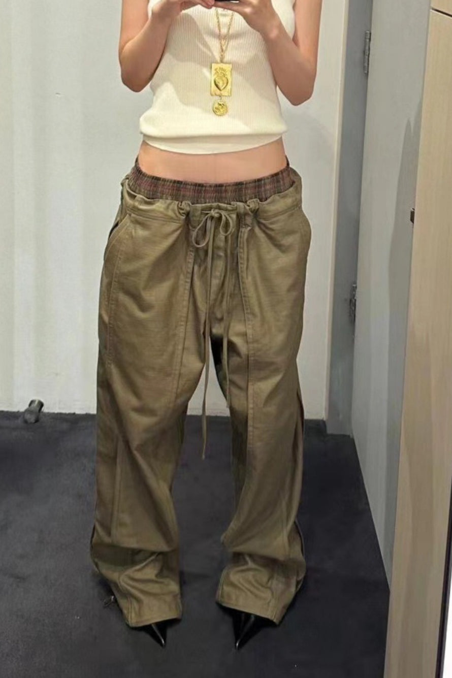 Color Block Plaid Elastic Double Waist Khaki Cargo Casual Pants Main image