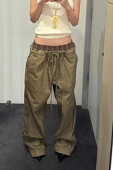 Color Block Plaid Elastic Double Waist Khaki Cargo Casual Pants